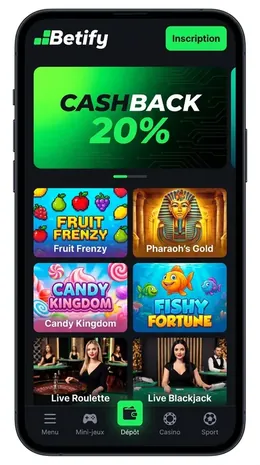 Version mobile Betify avec cashback, machines à sous et barre de navigation